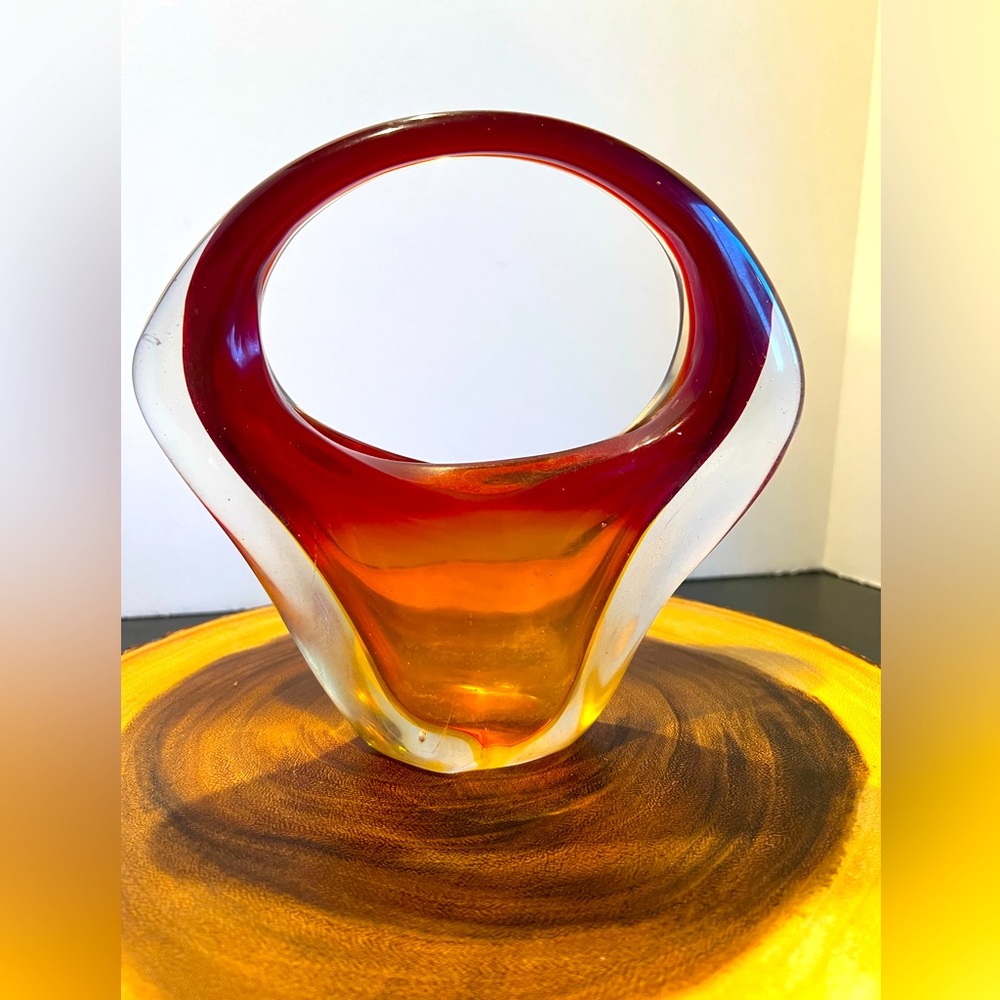 MID CENTURY MODERN SEGUSO MURANO ART GLASS SOMMERSO SCULPTURAL BASKET BOWL VASE